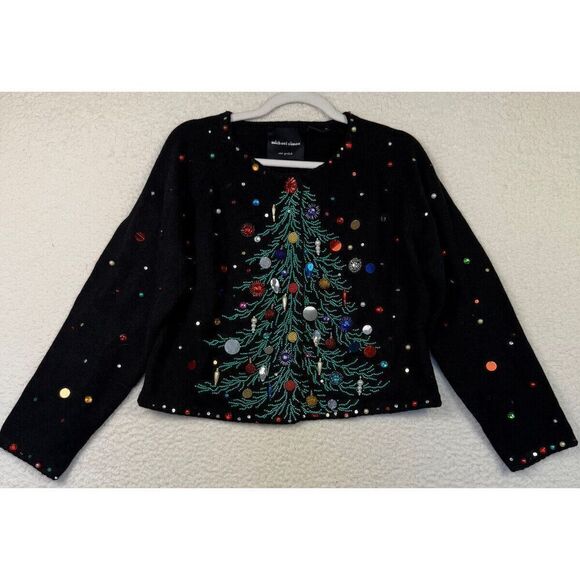 Michael Simon Red Heavily Beaded Christmas Tree Art-to-Wear Cardigan Sweater M - Picture 1 of 6